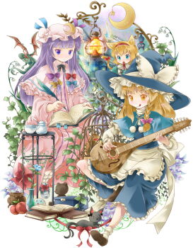 3girls :d alice_margatroid animal_ears apple bad_id bad_pixiv_id birdcage blonde_hair blue_eyes book bug butterfly cage cat cat_ears cat_tail chibi crescent_moon dragon female_focus flower food fruit hat highres insect instrument kaenbyou_rin kaenbyou_rin_(cat) kedama_(touhou) kirisame_marisa long_hair michii_yuuki mini_person minigirl moon multiple_girls open_mouth patchouli_knowledge plan purple_eyes purple_hair ribbon short_hair small_dragon smile star_(symbol) stuffed_animal stuffed_toy tail tail_ornament tail_ribbon teddy_bear touhou tsuchinoko witch witch_hat yellow_eyes
