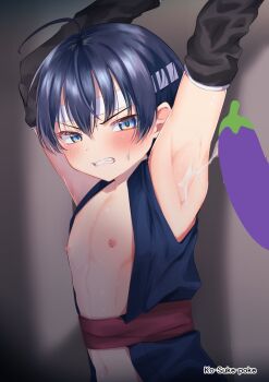 abs armpits arms_up bad_censoring black_arm_warmers blue_robe blush colored_skin cum cum_on_armpit cum_on_body cum_on_upper_body dark_blue_clothes embarrassed hairband highres male_focus marimiya navel nipples rape red_ribbon ribbon robe shota sweatdrop tagme white_hairband white_skin yaoi
