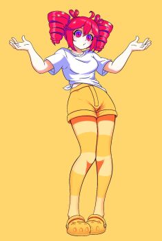 1girl ahoge amaris_lunula arms_up birdbrain_(synthesizer_v) commentary crocs drill_hair full_body highres kasane_teto o3o pantyhose puckered_lips red_eyes red_hair sandals shirt short_hair short_sleeves shorts shrugging solo standing striped_clothes striped_pantyhose symbol-only_commentary synthesizer_v tied_shirt twin_drills white_shirt yellow_background yellow_pantyhose yellow_sandals yellow_shorts