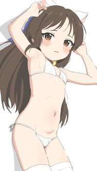 1girl animal_ears armpits bell bikini blush brown_eyes brown_hair cat_ears collar commentary_request fake_animal_ears female_focus flat_chest highres idolmaster idolmaster_cinderella_girls jingle_bell loli long_hair looking_at_viewer lying navel neck_bell on_back partial_commentary red_collar side-tie_bikini_bottom simple_background sincos solo stomach swimsuit tachibana_arisu thighhighs thighs white_background white_bikini white_thighhighs