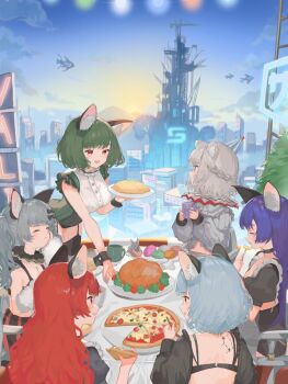 6+girls :d animal_ear_fluff animal_ears aqua_hair back_cutout black_choker black_legwear blue_hair blush bow braid breasts brown_eyes cat_ears cat_girl chino_(valis) choker cleavage closed_eyes closed_mouth clothing_cutout cloud cloudy_sky constellation_tattoo cup food frills garter_belt green_eyes green_hair grey_eyes grey_hair hair_bow highres holding holding_cup holding_plate kamitsubaki_studio large_breasts long_hair mouse_(animal) multiple_girls myu_(valis) neffy_(valis) nina_(valis) open_mouth pizza plate rara_(valis) red_eyes red_hair ringlets short_hair sinsekai_record sitting sky smile sorotu standing sun sunset tattoo thighhighs twintails valis_(sinsekai) virtual_youtuber vitte_(valis)