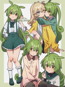2girls alternate_hairstyle arms_around_neck black_skirt black_thighhighs blue_eyes blush border bow bowtie cardigan closed_mouth collared_shirt corn_kuten curly_hair dot_mouth frilled_skirt frilled_sleeves frills green_bow green_bowtie green_hair hair_between_eyes hair_down hand_up hug kasukabe_tsumugi kneehighs layered_shirt light_brown_hair loafers long_hair long_sleeves looking_at_hand looking_at_viewer low_twintails miniskirt multiple_girls neck_ribbon ojou-sama_zundamon one_eye_closed orange_eyes parted_lips playing_with_own_hair pleated_skirt puckered_lips ribbon sailor_collar shirt shoes sitting skirt sleeve_cuffs sleeves_past_wrists socks suspender_skirt suspenders sweat thighhighs three-quarter_sleeves twintails twitter_username two-tone_background v-shaped_eyebrows very_long_hair voicevox white_shirt white_socks yellow_cardigan zundamon