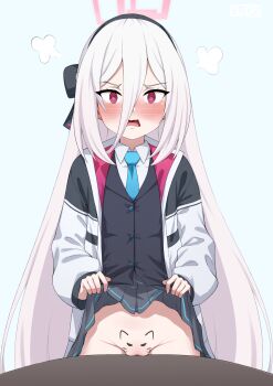 1girl @_@ absurdres against_table black_hairband black_skirt blue_archive blue_background blue_necktie blush bodypaint clothes_lift cowboy_shot djloops do_you_want_to_pet_my_cat_(meme) drawing_on_self drawn_ears drawn_on_eyes drawn_whiskers fang hair_between_eyes hairband halo highres jacket kei_(blue_archive) kei_(new_body)_(blue_archive) lifting_own_clothes loli long_hair long_hair_between_eyes looking_at_viewer meme mons_pubis multicolored_jacket necktie no_panties open_mouth pink_halo pleated_skirt pussy rectangular_halo red_eyes shirt simple_background skirt skirt_lift solo standing table two-tone_jacket very_long_hair white_hair
