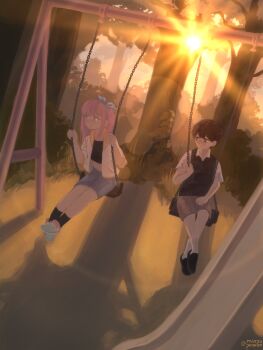 1boy 1girl absurdres antenna_hair aubrey_(faraway)_(omori) aubrey_(omori) black_eyes black_hair black_shoes black_socks black_sweater_vest blue_eyes blue_skirt bright_pupils brown_shorts closed_mouth collared_shirt commentary crop_top denim denim_skirt english_commentary evening highres jacket lens_flare long_hair looking_at_another minpupunkun omori on_swing open_clothes open_jacket outdoors pink_hair shirt shoes short-sleeved_jacket short_hair short_sleeves shorts sidelocks sitting skirt sneakers socks sunny_(omori) sunset sweater_vest swing tree white_jacket white_pupils white_shirt white_socks