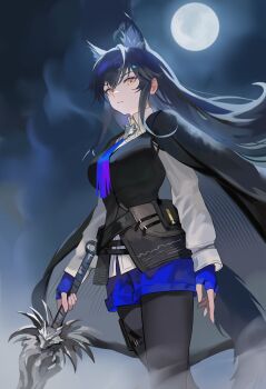1girl absurdres animal_ear_fluff animal_ears arknights black_coat black_hair black_pantyhose black_vest blue_gloves blue_necktie blue_shorts breasts coat coat_on_shoulders collar collared_shirt commentary_request feet_out_of_frame fingerless_gloves from_below full_moon gloves hair_between_eyes highres holding holding_sword holding_weapon long_hair long_sidelocks long_sleeves looking_at_viewer medium_breasts moon nbee_ya necktie night night_sky orange_eyes pantyhose pantyhose_under_shorts parted_lips shirt shorts sidelocks sky solo standing sword tail texas_(arknights) texas_the_omertosa_(arknights) thigh_strap very_long_hair vest weapon white_collar white_shirt wolf_ears wolf_girl wolf_tail