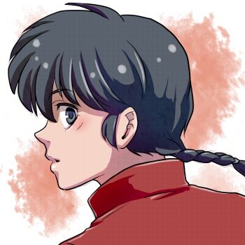 1boy black_eyes black_hair braid coa_(momo) highres looking_back male_focus orange_background parted_lips portrait ranma_1/2 saotome_ranma single_braid solo
