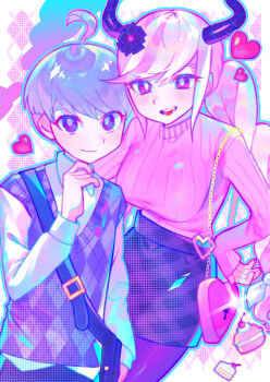 1boy 1girl :d alternate_costume black_horns black_skirt braid breasts cake cake_slice cherry closed_mouth collared_shirt commentary english_commentary food fruit hand_up heart heart-shaped_bag highres horns iro_(mywife_sunny) keyhole large_breasts long_hair long_sleeves looking_at_viewer macaron master_detective_archives:_rain_code multicolored_hair open_mouth pink_bag pink_eyes pink_hair pink_sweater purple_eyes purple_hair purple_vest shinigami_(rain_code) shirt short_hair skirt smile sparkle sweater twin_braids vest white_shirt yuma_kokohead