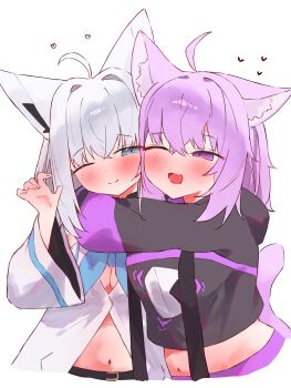 2girls absurdres ahoge animal_ear_fluff animal_ears aqua_eyes aqua_neckerchief aqua_trim black_hoodie blush breasts cat_ears cat_girl cat_tail cheek-to-cheek claw_pose cleavage detached_sleeves fang fox_ears fox_girl hair_between_eyes heads_together highres hololive hood hoodie hug medium_hair midriff multiple_girls navel neckerchief nekomata_okayu nekomata_okayu_(1st_costume) open_mouth purple_eyes purple_hair purple_trim shirakami_fubuki shirakami_fubuki_(1st_costume) shirt simple_background smile tail tepenchi upper_body virtual_youtuber white_background white_shirt wide_sleeves