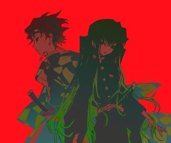 2boys belt black_hair black_hakama black_jacket buttons checkered_haori closed_mouth earrings fishcoooo gold_buttons green_hair hakama hanafuda_earrings haori highres jacket japanese_clothes jewelry kamado_tanjirou kimetsu_no_yaiba long_hair long_sidelocks looking_at_viewer male_focus multicolored_hair multiple_boys profile red_background red_hair short_hair sidelocks simple_background tokitou_muichirou two-tone_hair very_long_hair