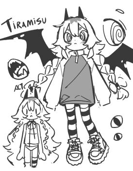 1girl @_@ absurdres asymmetrical_legwear black_horns black_wings blush braid choker commentary demon_wings dot_nose double-parted_bangs english_commentary fangs full_body highres horns jacket long_hair mismatched_legwear monochrome original panties reference_sheet ribbon_choker shoes sleeves_past_fingers sleeves_past_wrists sneakers solo striped_clothes striped_thighhighs thighhighs tiramisu_(umiko_zzz) twin_braids umiko_zzz underwear wings