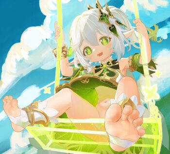 1girl absurdres bandaid bandaid_on_pussy blue_sky bracelet feet full_body genshin_impact green_eyes happy highres huge_filesize jewelry loli looking_at_viewer nahida_(genshin_impact) navel on_swing open_mouth outdoors pointy_ears side_ponytail sky soles solo swing toeless_footwear toes usamimisaiko white_hair