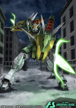 beam_trident card_(medium) commentary_request copyright_logo copyright_name energy_weapon green_eyes gundam gundam_arsenal_base gundam_wing gundam_wing:_endless_waltz holding holding_weapon logo mecha mecha_focus mobile_suit nataku_gundam night no_humans on_mecha polearm robot tomo_(machinemess) trident v-fin weapon