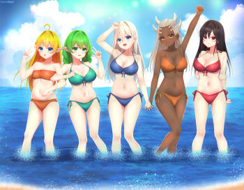 1futa 5girls :d absurdres ahoge arm_up bandeau bare_arms bare_shoulders beach bikini black_hair black_sclera blonde_hair blue_bikini blue_eyes blue_sky blush braid breasts cleavage cloud colored_sclera commission commissioner_upload dark-skinned_female dark_skin day earrings elf euphemy_sylvaine flat_chest front-tie_bikini_top front-tie_top futanari green_bikini green_eyes green_hair hair_between_eyes halterneck hand_up highres holding_hands hong_mei_ling_(ways_of_darkness) horizon horns incredibly_absurdres jewelry large_breasts locked_arms long_hair looking_at_viewer lori_hagami lotte_farona medium_breasts multiple_girls navel nemezish ocean official_art open_mouth orange_bikini outdoors pointy_ears queen_imani red_eyes red_swimsuit side-tie_bikini_bottom sky small_breasts smile spikes standing stomach strapless strapless_bikini swimsuit twin_braids underboob v wading water ways_of_darkness_(series) white_hair yellow_eyes