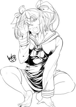 1girl absurdres arimura_hinae bibi_(coffe) chaos;child chewing_gum commentary_request dress fingernails greyscale hair_ribbon hekiho_academy_school_uniform highres holding holding_own_hair hood long_hair looking_at_viewer miniskirt monochrome ribbon school_uniform science_adventure short_dress simple_background skirt smile solo squatting thighhighs twintails white_background white_thighhighs