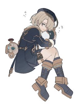 1boy black_boots black_gloves black_hat black_jacket blonde_hair blue_eyes boots closed_mouth commentary freckles freminet_(genshin_impact) full_body genshin_impact gloves hair_over_one_eye hat highres holding hugging_object iwana_oishi jacket long_sleeves looking_at_viewer male_focus pers_(genshin_impact) pouch short_hair simple_background sitting solo symbol-only_commentary thigh_pouch white_background