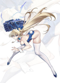 1girl absurdres animal_ears anus bare_shoulders bent_over blonde_hair blue_archive blue_eyes blue_leotard boots breasts chinese_commentary cleavage commentary_request fake_animal_ears fake_tail high_heel_boots high_heels highres large_breasts leotard long_hair looking_at_viewer mechanical_arms official_alternate_costume playboy_bunny rabbit_ears rabbit_tail single_mechanical_arm solo tail thighhighs thighs toki_(blue_archive) toki_(bunny)_(blue_archive) very_long_hair white_thighhighs wrist_cuffs yeyoutiangong zoom_layer