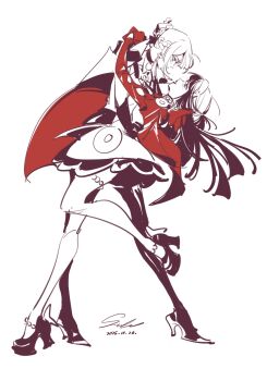 2girls astra_yao bead_necklace beads black_hair black_shoes blush chest_harness coat coat_on_shoulders commentary dated earrings evelyn_chevalier from_side gloves hairband half_gloves harness high-waist_pants high_heels highres hug jacket jewelry latex_pants leg_up long_hair looking_at_another multiple_girls necklace open_mouth pants red_jacket red_shrug ring_hair_ornament saskeboom shoes shrug_(clothing) signature single_half_glove standing standing_on_one_leg thigh_strap tight_clothes tight_pants uneven_bangs white_background white_hairband yuri zenless_zone_zero