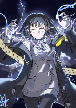 1girl absurdres arknights arknights:_endfield black_coat black_hair black_pantyhose blank_eyes chinese_commentary chinese_text coat commentary_request cowboy_shot dot_nose electricity electrokinesis endministrator_(arknights) female_endministrator_(arknights) glowing glowing_eyes hair_intakes hands_up highres lightning long_sleeves looking_at_viewer medium_hair meme no_mask open_clothes open_coat pantyhose parted_lips solo sweater synzmayu textless_version twitter_username user_interface white_sweater you_should_kill_yourself_now_(meme)