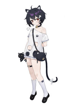 1girl absurdres amiemie117 animal_bag animal_ears arm_behind_back bag bandaged_tail black_choker black_hair black_shoes black_shorts blowing breasts cat_bag cat_ears cat_girl cat_o-ring cat_tail choker clothing_cutout full_body highres looking_at_viewer navel navel_cutout o-ring o-ring_thigh_strap off-shoulder_shirt off_shoulder original paw_print puff_of_air red_eyes shirt shoes short_hair short_shorts short_sleeves shorts shoulder_bag side_cutout simple_background single_bare_shoulder small_breasts socks standing stuffed_animal stuffed_cat stuffed_toy tail thigh_strap white_background white_shirt white_socks