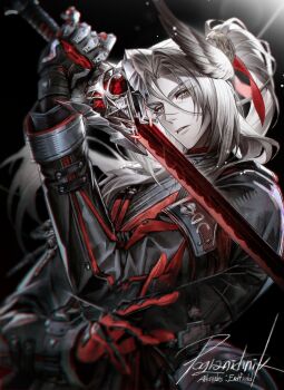 Rule 34 | 1boy, arknights, arknights: endfield, black gloves, commentary request, gloves, hair between eyes, head wings, hellagur (arknights), high ponytail, highres, holding, holding sword, holding weapon, katana, korean commentary, long hair, long sidelocks, looking at viewer, multicolored gloves, musae 001, pogranichnik (arknights), ponytail, sidelocks, solo, sword, two-tone gloves, upper body, weapon, white eyes, white hair, wings