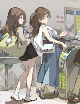 2girls backpack bag bag_charm behind_another black_shorts blue_dress blue_eyes bottle bracelet brown_bag brown_eyes brown_hair cellphone charm_(object) commentary_request dress earrings elbow_carry eyelashes fare_gate from_side full_body hair_ornament hand_up handbag high_heel_sandals high_heels highres holding holding_phone hoop_earrings jewelry kneepits long_hair long_sleeves looking_down multiple_girls office_lady_taiwan parted_lips people phone ponytail poster_(object) profile sandals shirt shoes shorts shoulder_bag sleeveless sleeveless_dress smartphone socks standing tennohi walking water_bottle white_bag white_socks