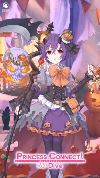 1girl bucket burning candy commentary copyright_logo cowboy_shot crown dress english_commentary english_text flaming_eye floating_skull food frilled_dress frills highres holding holding_bucket holding_sickle holding_weapon jack-o'-lantern lantern logo mini_crown mole mole_under_eye official_art open_mouth princess_connect! purple_hair red_eyes ribbon second-party_source shinobu_(halloween)_(princess_connect!) shinobu_(princess_connect!) sickle weapon