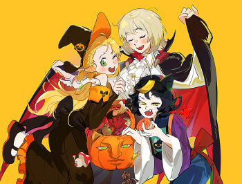 3girls animal_ears black_dress black_hair blonde_hair cape cat_ears cat_girl dress dungeon_meshi eating elf falin_touden falin_touden_(tallman) fang food grey_hair halloween_costume hat izutsumi jack-o&#039;-lantern jiangshi_costume kuma20151225 marcille&#039;s_familiar marcille_donato multiple_girls pointy_ears red_dragon_(dungeon_meshi) vampire_costume walking_mushroom_(dungeon_meshi) witch witch_hat