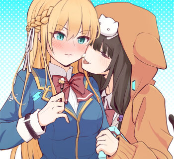 Rule 34 | 2girls, animal, animal on head, asakura karen (heaven burns red), blonde hair, bow, braid, commentary request, food, food on face, hair ribbon, half up braid, heaven burns red, highres, hood, hood up, hooded jacket, jacket, licking, licking another's face, long hair, multiple girls, on head, red bow, ribbon, risai, tail, tongue, tongue out, toujou tsukasa, white ribbon, yuri