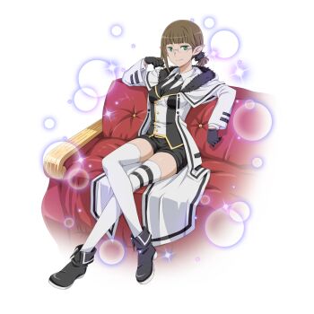 1girl anime_coloring bad_tag black_gloves black_necktie black_shoes black_shorts black_vest blunt_bangs breasts brown_hair closed_mouth coat collared_shirt couch danmachi_memoria_freese dungeon_ni_deai_wo_motomeru_no_wa_machigatteiru_darou_ka eina_tulle elf full_body fur-trimmed_coat fur_trim glasses gloves green_eyes hand_up looking_at_viewer medium_breasts multicolored_vest necktie official_alternate_costume official_alternate_hairstyle official_art on_couch open_clothes open_coat pointy_ears shirt shoes short_hair short_shorts short_side_ponytail shorts sitting smirk solo thighhighs third-party_source vest white_coat white_thighhighs white_vest