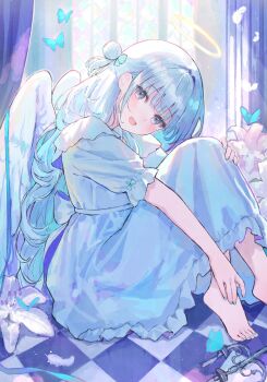 1girl angel angel_wings arl barefoot blue_eyes blush bug butterfly candle curtains dress feathered_wings flower halo happy highres indoors insect long_hair looking_at_viewer open_mouth original sitting solo white_dress white_hair window wings