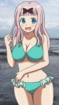 1girl absurdres bikini blue_eyes breasts cleavage doranza02 fujiwara_chika highres large_breasts mud pink_hair solo swimsuit