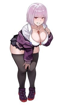 1girl between_breasts black_skirt black_thighhighs blush breasts cleavage gridman_universe hand_on_own_chest hand_on_own_knee hot_dog huge_breasts jacket large_breasts leaning_forward miniskirt off-shoulder_jacket off_shoulder open_clothes open_jacket pink_hair purple_jacket purple_shoes red_eyes school_uniform shee-p_(inemurisheep113) shinjou_akane shirt shoes short_hair skirt smile sneakers solo ssss.gridman standing thick_thighs thighhighs thighs white_background white_shirt
