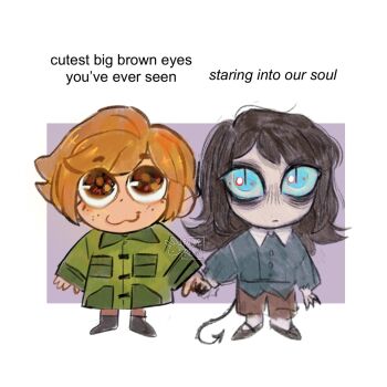 :3 abaddon_(haunted_hotel) abaddon_(human)_(haunted_hotel) bags_under_eyes blue_shirt brown_eyes brown_hair chibi coat demon_boy demon_tail english_text esther_freeling green_coat haunted_hotel highres holding_hands long_hair orange_hair pulereen purple_background shirt short_hair simple_background tail