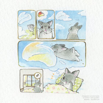 animal animal_focus berry_jou blanket blue_sky colored_pencil_(medium) commentary_request dreaming drooling highres musical_note no_humans on_bed one_eye_closed original pillow rabbit sky speech_bubble spoken_musical_note thought_bubble traditional_media waking_up window