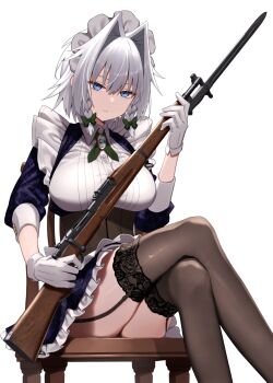 1girl bayonet bolt_action braid breasts chair closed_mouth commentary_request crossed_legs feet_out_of_frame gloves greenkohgen grey_hair gun hair_between_eyes hair_intakes highres holding holding_gun holding_weapon izayoi_sakuya looking_at_viewer m1903_springfield on_chair rifle simple_background sitting solo touhou twin_braids two-handed weapon white_background white_gloves