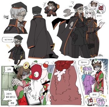 2boys 2girls alriune black_cape black_coat black_jacket brown_hair cape christmas_(e.g.o) coat e.g.o_(project_moon) faint_aroma_(e.g.o) force_(4sk_force) head_wreath jacket korean_text library_of_ruina maxim_(project_moon) multiple_boys multiple_girls myo_(project_moon) nikolai_(project_moon) open_mouth patchwork_clothes project_moon red_eyes rudolph_(project_moon) rudolta_of_the_sleigh shirt short_hair simple_background speech_bubble translation_request white_background white_shirt