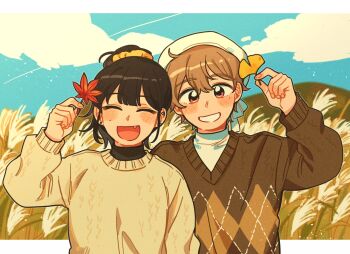 1boy 1girl arm_up black_hair blue_sky blush brown_eyes brown_hair brown_sweater cloud commentary day fang hair_ornament hair_scrunchie hat highres holding holding_leaf leaf letterboxed long_sleeves looking_at_viewer mole mole_under_eye open_mouth original outdoors ponytail scrunchie short_hair short_ponytail sihyun25 sky smile sweater symbol-only_commentary white_hat