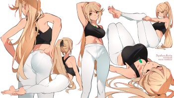 1girl alternate_hairstyle arm_up armpits ass back barefoot black_shirt blonde_hair breasts cameltoe exercising feet feet_up gem hands_on_own_hips highres jewelry large_breasts long_hair lying multiple_views mythra_(xenoblade) nintendo on_back on_stomach pants ponytail shirt simple_background soles sports_bra sydus tight_clothes tight_pants toes very_long_hair white_background white_legwear xenoblade_chronicles_(series) xenoblade_chronicles_2 yellow_eyes
