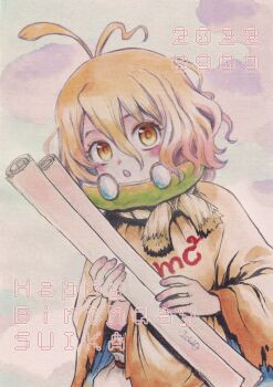Rule 34 | 1girl, 2022, antenna hair, birthday, blonde hair, blush, character name, dated, dr. stone, e=mc2 (equation), food, fruit, hair between eyes, happy birthday, holding, holding scroll, looking at viewer, medium hair, ninomae gin, open mouth, orange eyes, painting (medium), scroll, short hair, solo, suika (dr.stone), teeth, traditional media, watercolor (medium), watermelon, yellow eyes