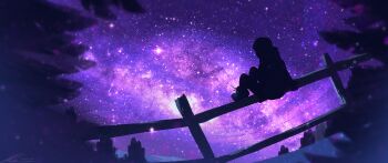 Rule 34 | 1other, black hoodie, blurry, blurry foreground, commentary, dutch angle, english commentary, fence, forest, from behind, full body, galaxy, hill, hood, hood up, hoodie, landscape, milky way, nature, night, night sky, original, outdoors, painterly, purple theme, scenery, shoes, silhouette, sitting, sitting on fence, sky, sky focus, sneakers, snow, solo, star (sky), starry sky, tree, wooden fence, zandra