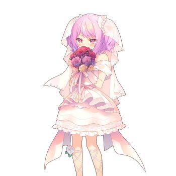 1girl bouquet breasts bridal_veil commentary_request dress flat_chest flower gloves holding holding_bouquet mayachi_(amuriya) melo_(uchihime) pink_flower pink_rose purple_hair red_eyes red_flower red_rose rose short_hair short_twintails twintails uchi_no_hime-sama_ga_ichiban_kawaii veil wedding_dress white_gloves