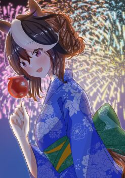 1girl :d absurdres aerial_fireworks alternate_costume alternate_hairstyle animal_ears blue_kimono blurry blurry_background blush braid braided_bun brown_hair candy_apple commentary_request dutch_angle eyes_visible_through_hair fireworks floral_print food from_side green_sash hair_between_eyes hair_bun hand_up highres holding holding_candy_apple holding_food horse_ears horse_girl horse_tail irony_(panda153do) japanese_clothes kimono looking_at_viewer multicolored_hair night obi open_mouth purple_eyes sash sidelocks smile solo summer_festival symboli_rudolf_(umamusume) tail umamusume upper_body wide_sleeves yukata