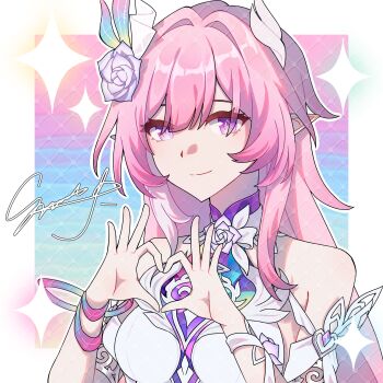 Rule 34 | 1girl, absurdres, bare shoulders, border, breasts, chinese commentary, commentary request, commission, cyrene (honkai: star rail), cyrene (ripples of past reverie) (honkai: star rail), diamond-shaped pupils, diamond (shape), dress, flower, four-finger heart hands, ganjing de dongwuyuan 114514, hair flower, hair ornament, heart, heart hands, highres, honkai: star rail, honkai (series), large breasts, long hair, looking at viewer, multicolored hair, pink hair, pointy ears, purple eyes, sample watermark, smile, solo, symbol-shaped pupils, two-tone background, two-tone hair, upper body, very long hair, watermark, white border, white dress, white hair