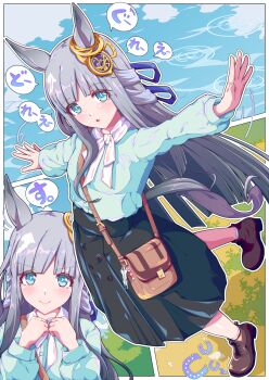 1girl bag blue_eyes blunt_bangs blush breasts casual chrono_genesis_(casual)_(umamusume) chrono_genesis_(umamusume) commentary_request full_body grass grey_hair hair_ornament highres horse_girl kan_lee open_mouth outstretched_arms satchel scene_reference shoes sky small_breasts smile solo standing standing_on_one_leg umamusume water