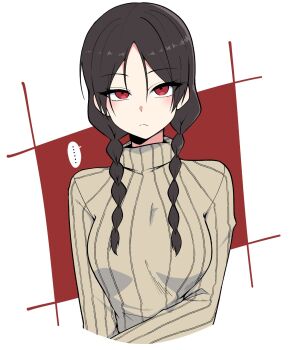 ... 1girl alternate_costume black_hair braid closed_mouth fate/strange_fake fate_(series) grey_sweater highres long_hair looking_at_viewer mekakuri_(otacon250) no_name_assassin_(fate) red_eyes ribbed_sweater solo sweater turtleneck turtleneck_sweater twin_braids