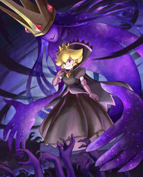 2girls absurdly_long_hair black_dress black_eyes blonde_hair closed_mouth comma03 commentary_request crown demon dress dual_persona elbow_gloves eldritch_abomination evil_smile gloves gradient_background grin highres long_hair mario_(series) multiple_girls nintendo open_mouth paper_mario paper_mario:_the_thousand-year_door paper_peach possessed princess_peach shadow_queen short_hair smile star_(sky) starry_skin too_many_hands very_long_hair witch