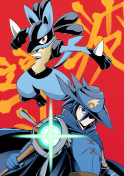 Rule 34 | 1boy, blue cape, blue eyes, blue gloves, blue hat, blue vest, cape, closed mouth, gen 4 pokemon, gloves, grey shirt, hair between eyes, hashtag-only commentary, hat, holding, holding staff, ihara shigekatsu, lucario, nintendo, one eye covered, pokemon, pokemon: lucario and the mystery of mew, pokemon (anime), pokemon (creature), pokemon rse (anime), red eyes, shirt, sir aaron, staff, vest