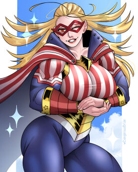 1girl absurdres american_flag american_flag_print artist_name blonde_hair boku_no_hero_academia breasts brown_hair cape collarbone commentary contrapposto dangerousbride domino_mask eye_mask flag_print flexing grin highres large_breasts long_hair mask muscular muscular_female one_eye_closed smile solo star_and_stripe_(boku_no_hero_academia) striped_cape superhero_costume two-sided_cape two-sided_fabric