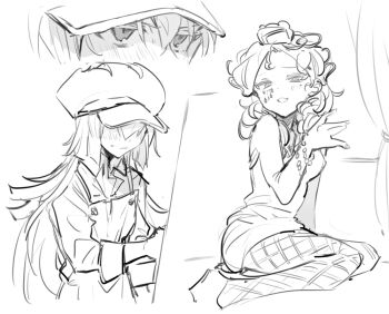 2girls apron bad_id bad_twitter_id blush bracelet butter_pretzel_cookie cheesecake_cookie commentary cookie_run cookie_run:_ovenbreak covered_eyes dress fishnet_pantyhose fishnets food-themed_hat hair_between_eyes hat humanization inactive_account jewelry long_hair long_sleeves mini_hat monochrome multiple_girls multiple_views nana_(ebitokanimiso) painting_(action) painttool_sai_(medium) pantyhose simple_background sitting sketch smock symbol-only_commentary very_long_hair wavy_hair white_background yuri