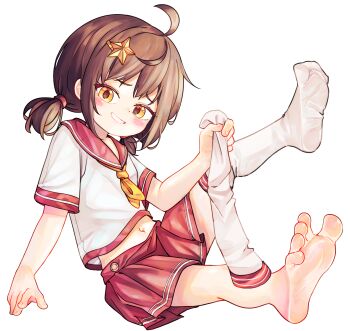 1girl barefoot breasts brown_hair chaosexceed commentary_request cropped_shirt full_body grin hair_ornament highres looking_at_viewer medium_hair midriff miniskirt mixed-language_commentary navel neckerchief no_shoes orange_eyes original paid_reward_available parted_lips pleated_skirt red_sailor_collar red_skirt sailor_collar sailor_shirt school_uniform serafuku shirt short_sleeves simple_background sitting skirt small_breasts smile soles solo star_(symbol) star_hair_ornament teeth thighhighs toes twintails white_background white_shirt white_thighhighs yellow_neckerchief
